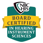 NBC-HIS shield logo above a yellow banner reading Board Certified in Hearing Instrument Sciences on a green background.