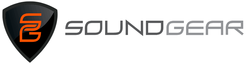 SoundGear logo with a black shield featuring orange SG initials on the left, and the word SOUNDGEAR in uppercase, modern gray font to the right.